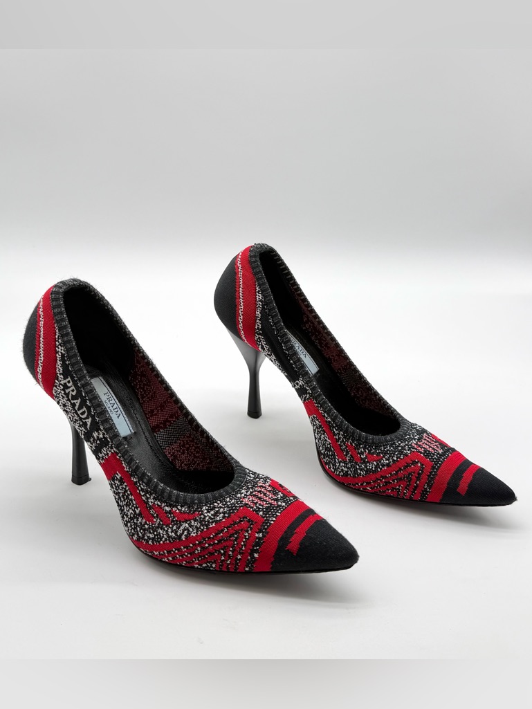 Prada Logo Knit Red & Black Fabric Pointed Toe Heels Pumps Eu 38 Us 8